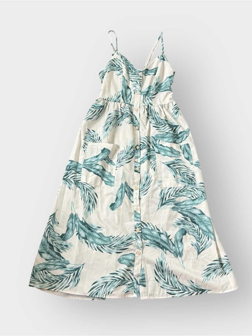 Teal White Tropical Palm Leaf Button-Front Pocket Midi Dress - Vacation Sundress